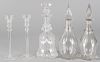 Three colorless glass decanters, 19th/20th c., together with a pair of Rogaska candlesticks