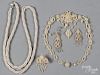 Woven seed pearl necklace, earrings, and brooch, early 20th c., with mother-of-pearl backings