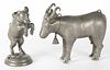 German pewter cow-form flask, dated 1770, 12'' h., together with a rearing goat bottle, 11 3/4'' h.
