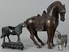 Two Chinese bronze horses, to include a carved stone horse, tallest - 10 1/2''.