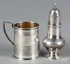 English silver child's mug, 2 3/4'' h., and shaker, 5'' h., 6.3 ozt.