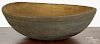 Large painted and turned wood dough bowl, late 19th c., retaining the remains of a green surface