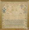 American silk on linen sampler, dated 1839, wrought by Mary Matilda Fish, with a lengthy verse