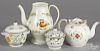 Pearlware coffee pot, 8 1/2'' h., teapot, and two covered sugars, 19th c.