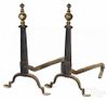 Pair of knife blade andirons, ca. 1800, with faceted brass finials and penny feet, 20'' h.