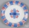 Red and blue spatterware criss cross plate, 19th c., 8 1/2'' dia.