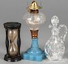 Sandwich glass oil lamp, 19th c., 9'' h., together with a sand timer, 5 1/2'' h.