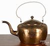 American copper tea kettle, 19th c., with a swing handle, 11'' h.