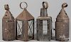 Four punched tin lanterns, 19th c., approximately 14'' h.