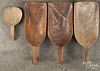 Three wooden scoops, 20th c., largest - 17 1/4'' l., together with a butter paddle.
