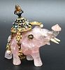 Pink Quartz Carved Elephant, having gold and silver mounts with diamonds and jewels, height 3 inches.
