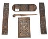 Tiffany Studios Five Piece Bronze Desk Set, to include blotter ends, 12 inches; pen tray; letter opener; along with a notebook holder.