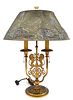 Louis Comfort Tiffany Furnaces Table Lamp, having wire mesh butterfly or moth, shade marked Louis Tiffany Furnaces Inc. 905, on adjustable lion double