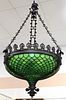Leaded Hanging Light Attributed to Duffner and Kimberly, six light, having fleur de lis top over fish scale design with scrolled supports and finial c