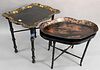 Two Tray Top Tables, to include papier mache coffee table/tray on stand in Chinese taste, along with one shaped tole tray top table, coffee table heig