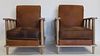 Pair of Blonde Wood Arm Chairs with Leather