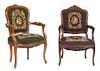 Near Pair of Louis XV Style Carved Walnut Fauteuils, early 20th c., with floral carved canted cushioned backs to curved arms and bowed cushioned seats