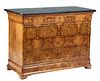 French Provincial Louis Philippe Carved Walnut Marble Top Commode, 19th c., the rounded corner and edge figured black marble over a cavetto frieze dra