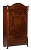 Continental Inlaid Carved Mahogany Secretary Abattant, 19th c., the arched top over a large frieze drawer above a fall front desk opening to an interi