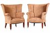Pair of Contemporary Brown Suede Wing Chairs