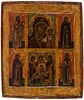 A RUSSIAN SIX-PART ICON OF OUR LADY OF KAZAN, ARCHANGEL MICHAEL AND FOUR SAINTS, 18TH CENTURY