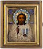 A RUSSIAN ICON OF CHRIST PANTOCRATOR WITH A FILIGREE, GILT SILVER AND ENAMEL OKLAD, MARKED IN SC IN CYRILLIC, 1899-1908