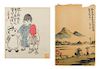 Attributed to Feng Zikai, (1898-1975), comprising two works, one depicting playful children, the other a riverscape scene