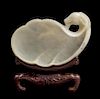 * A Chinese White Jade Ram's Head Handled Dish Width 8 3/4 inches.