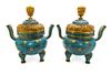 A Pair of Gilt Metal Mounted and Cloisonne Enamel Covered Tripod Censers Height 21 inches.