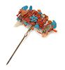 * A Gilt Metal Kingfisher Feather Embellished Hairpin Length 9 inches.