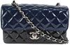 CHANEL BICOLOR BLACK X NAVY QUILTED PATENT MINI CLASSIC FLAP SILVER