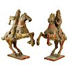 Pair of Vintage Chinese Polychromed Carved Wood Warrior Horse Riders.