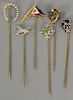 Six 14K gold stick pins including one diamond horse. 2 1/2 in. - 3 1/4 in.