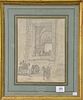 Hubert Robert (1733-1808) 
Figures Outside Classical Temple 
pencil on paper 
signed lower right: H. Robert Roma 
sight size 11 1/2"...