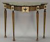 Adams style console table having faux marble top over fluted frieze mounted with inlaid marble. 
ht. 33 in.; top: 16" x 41"