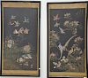 Pair of Oriental oil on black silk paintings of birds and wild blossoming flowers, signed top right corner. 
sight size 36" x 20"