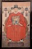 Chinese Ancestral portrait depicting a man dressed in a red robe with a flying crane, seated on a tiger hide upholstered horseshoe b...