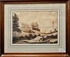 Edward Bourcaud 
Inlet Landscape with a House and Tower 
watercolor on paper 
signed lower right: 1836 Thol? Tower Edward Bourcaud 
...