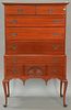 Margolis mahogany Queen Anne style highboy in two parts, upper portion having flat top over two short drawers over three drawers on l...