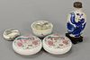 Five piece Chinese group to include a pair of wax seal boxes, an enameled box, Famille Rose round box, and a blue and white porcelai...