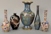 Five cloisonne vases including a pair of small bottle form vases with blossoming lotus and flowers, two 3 claw dragon vases, and a l...