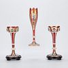 3 Bohemian Cut Overlay Glass Lustres and Vase