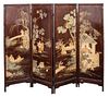 Chinese Hardstone Inlaid Wood Four Panel Screen