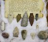 Connecticut prehistoric lithic artifacts incl arrowheads, hammerstone, with old key guide to locatio