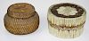 2 Native American birch bark containers- Mi'kmaq rd box w/ quill decoration, dia 4.5”, rd pine needl