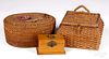 Small wooden sewing box and two sewing baskets