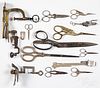 Three brass and iron sewing clamps, etc.