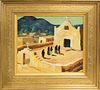 Adobe Church w Worshippers Painting, Oil/Board