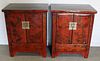Pair of Asian Red Lacquered Decorated Cabinets.