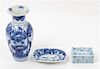 Three Chinese Blue and White Porcelain Articles Height of first 8 inches.